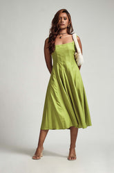 Squared Neck Flared Dress - Green